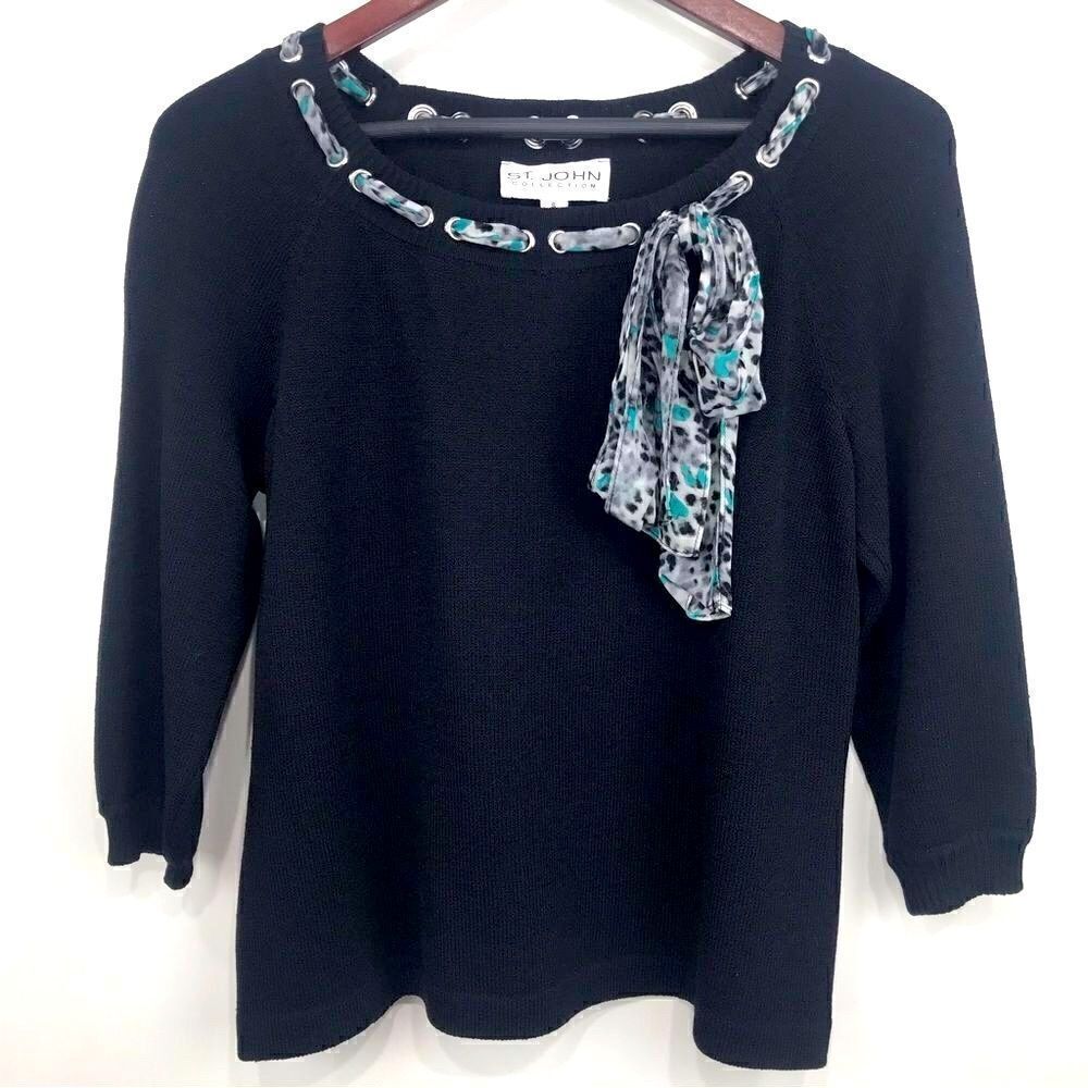 St. John Collection Blue Black Santana Knit Scarf Neck Sweater